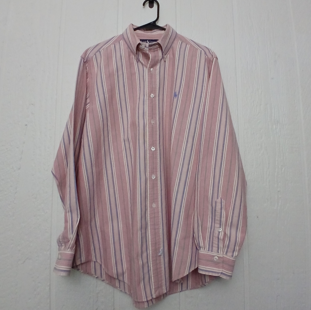*VTG 90s Ralph Lauren 100% Cotton Pastel Striped Preppy Button Down-Mens L